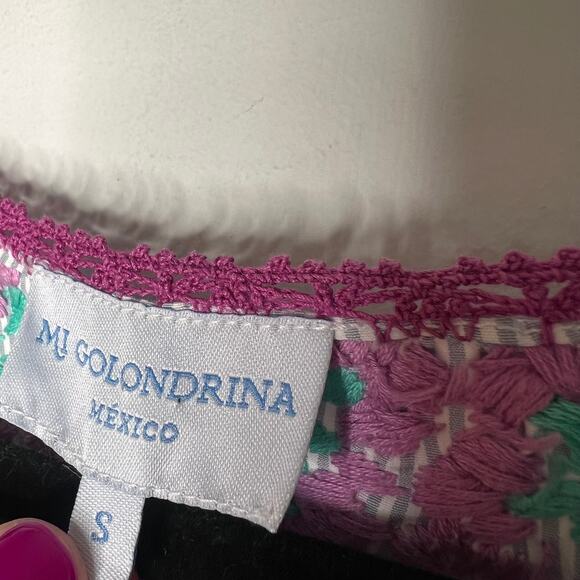 Mi Golondrina Purple & Teal Floral Embroidered Cap Sleeve Blouse Size Small - Picture 5 of 6